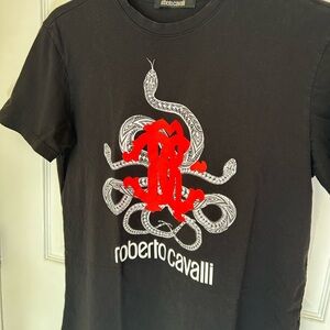Roberto Cavalli Black Tee with White Snake and Red Logo